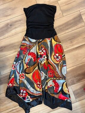 Studio Y Black Bodice Asymmetrical Skirt with Red, Gold & Blue Paisley Print